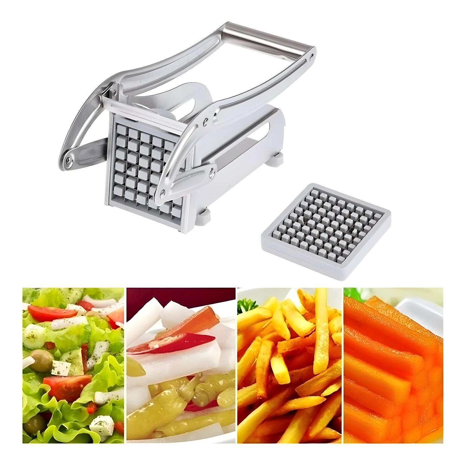 Cortador de papas y picador de vegetales, ideal para freír y cortar en cubos.