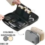 Cosmetiquera organizador de viaje bolsa negra para accesorios electrónicos y personal, beige y gris.