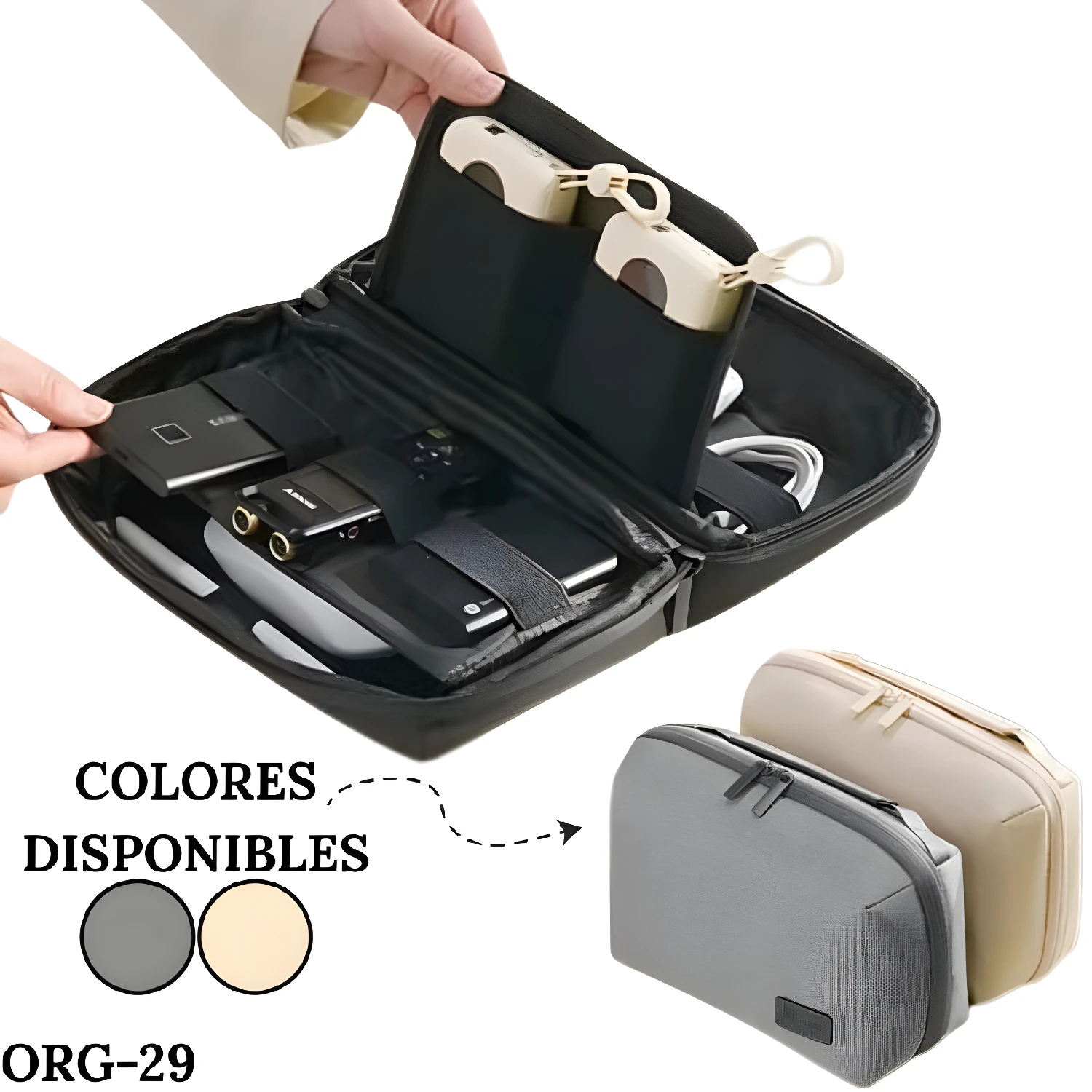 Cosmetiquera organizador de viaje bolsa negra para accesorios electrónicos y personal, beige y gris.