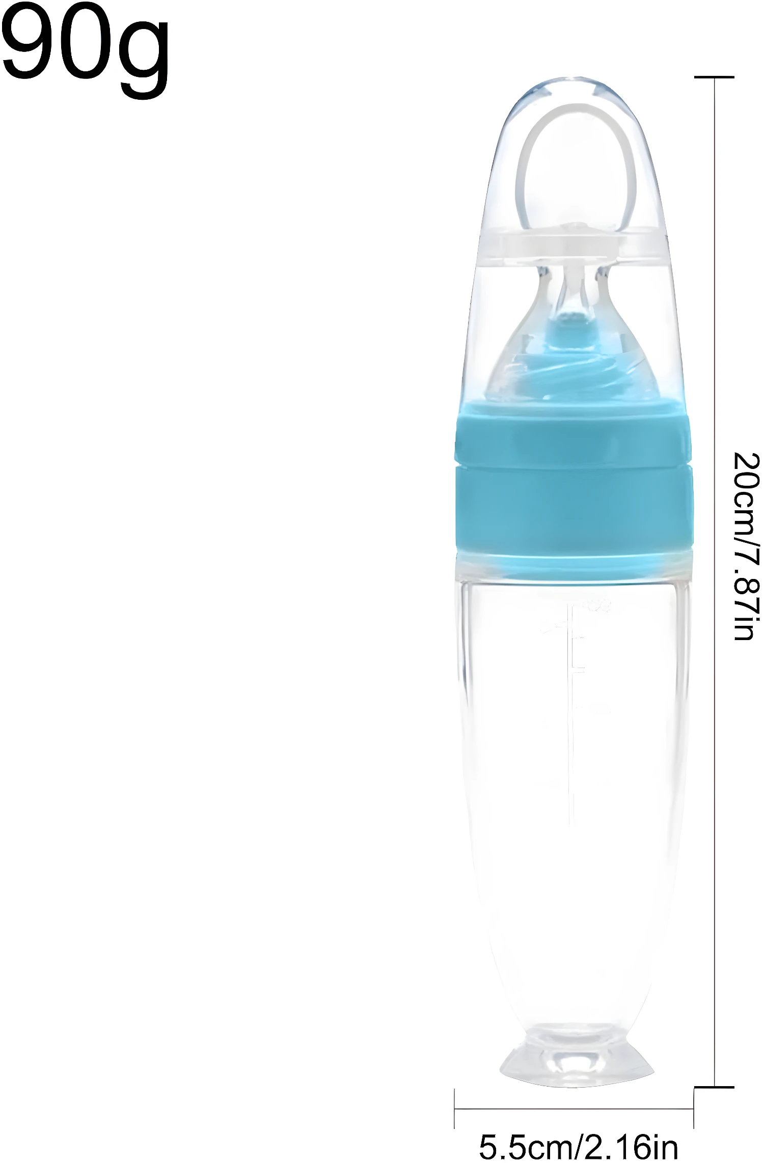 Cuchara biberón azul para papillas de bebé, 20cm de alto, 5.5cm de ancho.