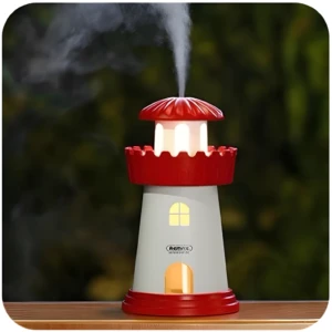 Set x2 Difusor aroma faro ambientador con luz LED, emitiendo vapor.