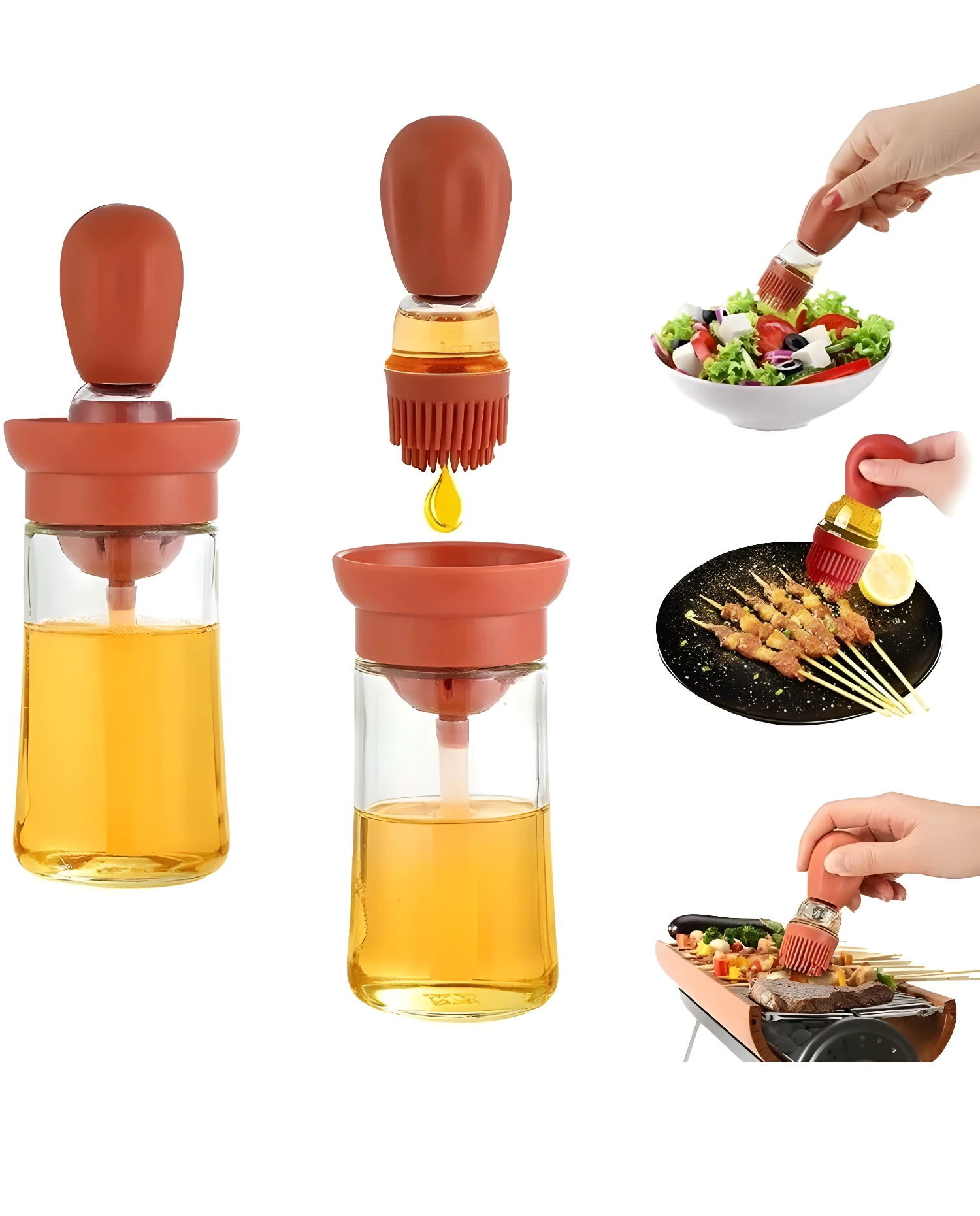 Dispensador de aceite con brocha de silicona para adobar ensaladas, carnes a la parrilla y brochetas.