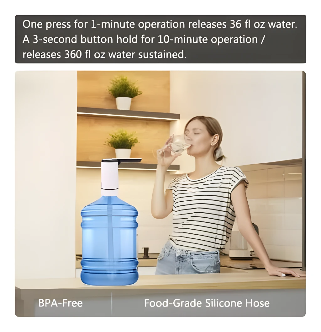 Dispensador de agua para botellón, mujer tomando agua de un vaso.