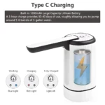 Dispensador de agua tipo C con batería recargable y luces indicadoras de carga.