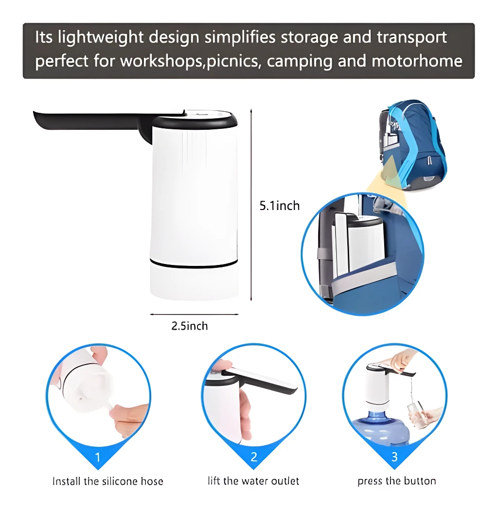 Dispensador de agua eléctrico portátil para botellón, ideal para camping y motorhome.