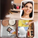 Espejo con luz LED para maquillaje, pantalla táctil, ideal para viajar y retoques.