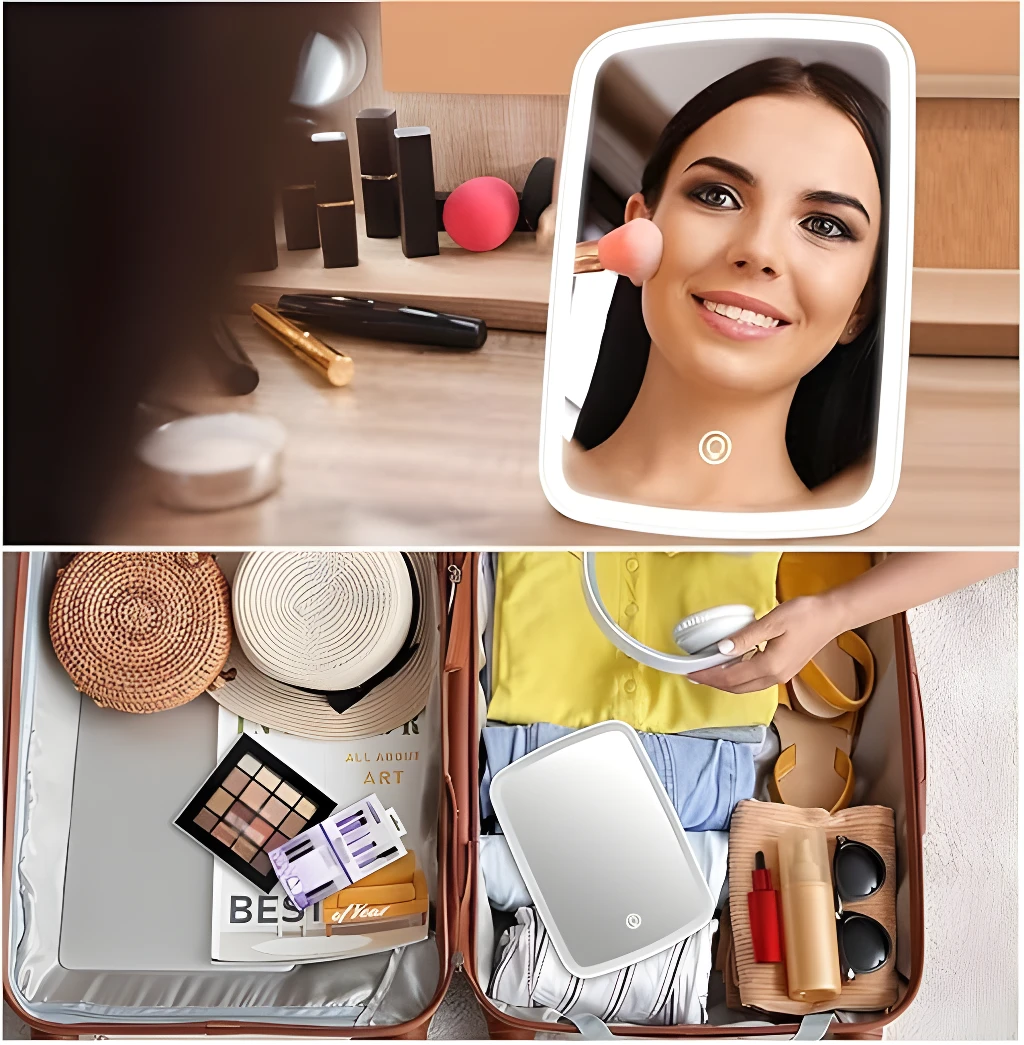 Espejo con luz LED para maquillaje, pantalla táctil, ideal para viajar y retoques.