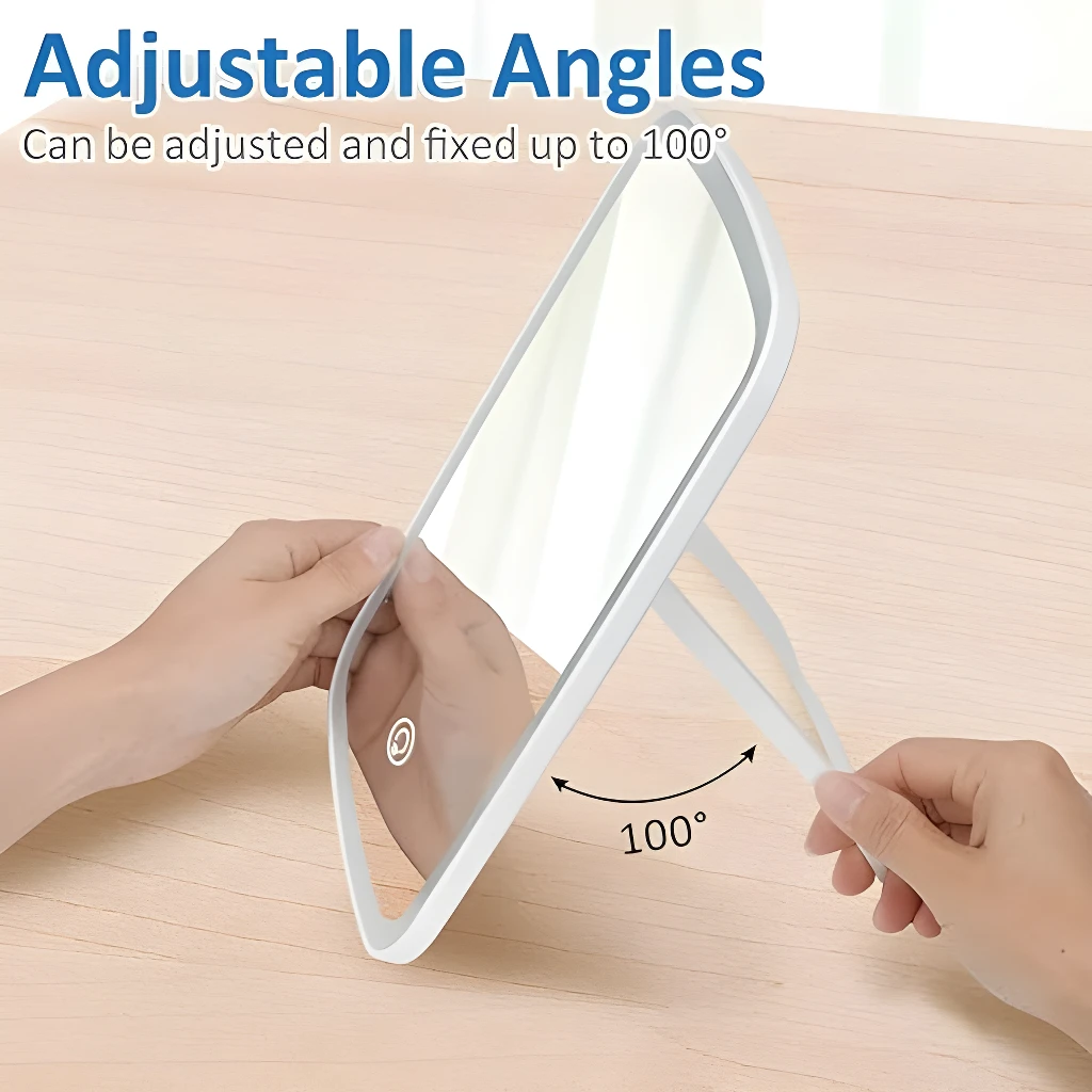Espejo de tocador con luz LED, pantalla táctil y ajuste de 100 grados.