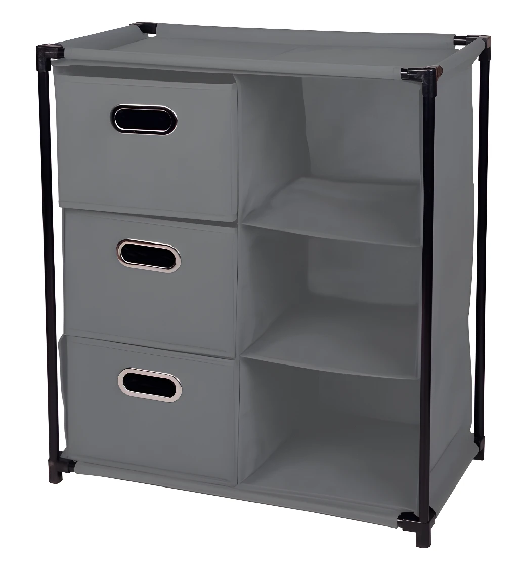Estante armoir organizador de 6 cajas gris claro con estructura metálica y cajones frontales.