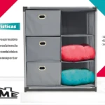 Estante organizador Home con 6 cajas de tela gris claro, 72cm alto x 62cm ancho x 34cm fondo.