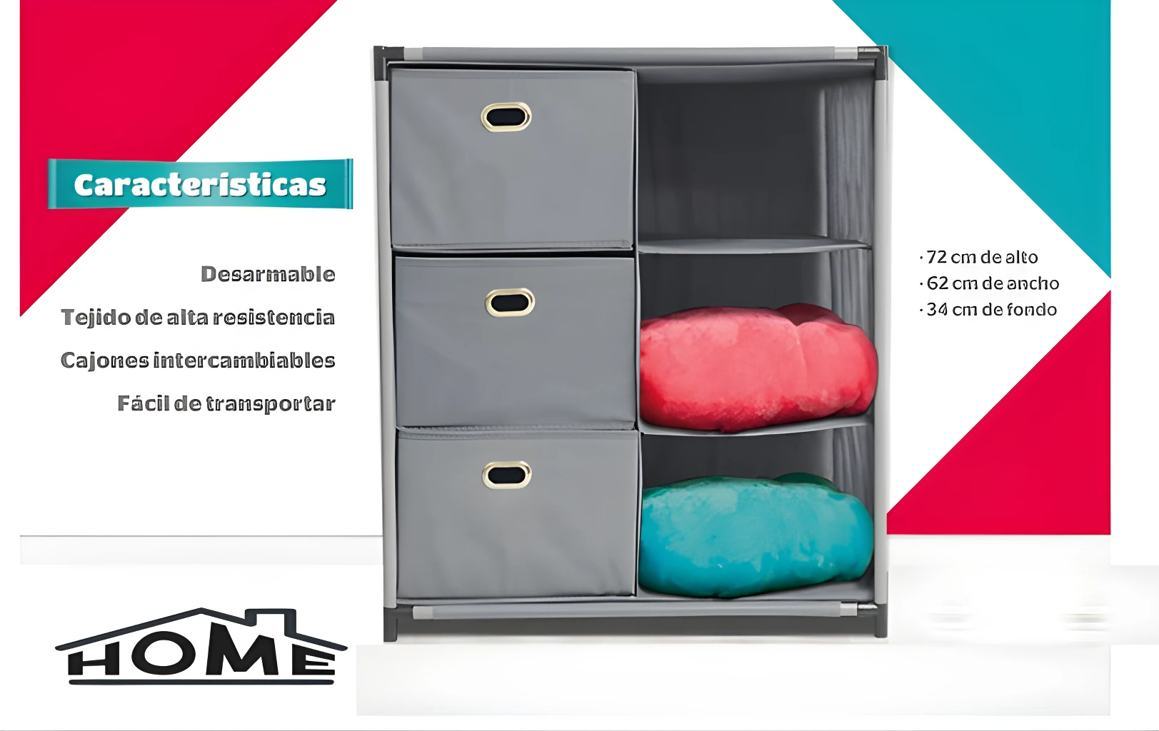 Estante organizador Home con 6 cajas de tela gris claro, 72cm alto x 62cm ancho x 34cm fondo.