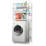 Estante organizador blanco para lavadora, baño y artículos de lavandería.
