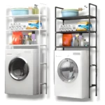 Estante organizador para lavadora y baño con compartimentos.
