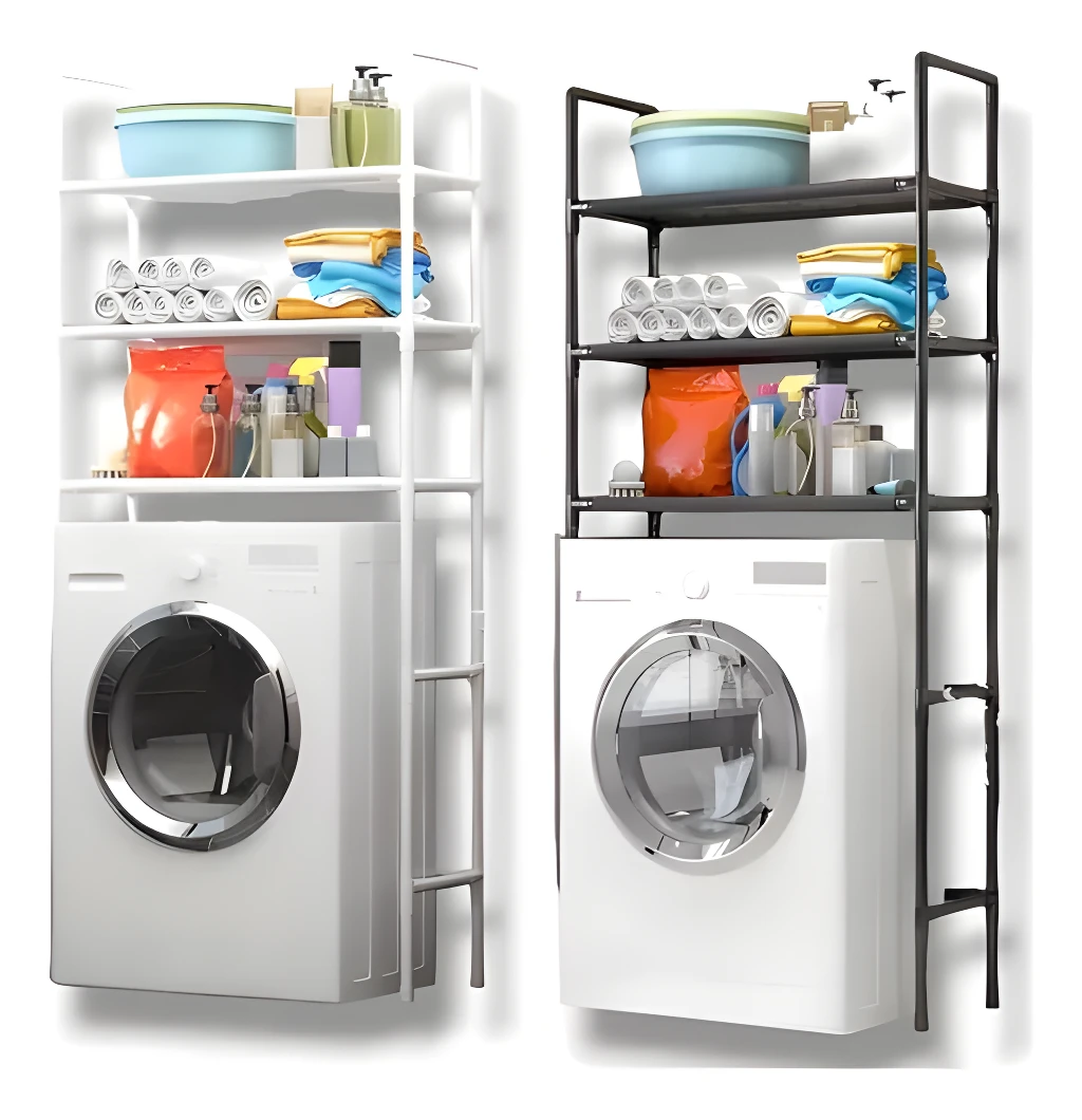 Estante organizador para lavadora y baño con compartimentos.