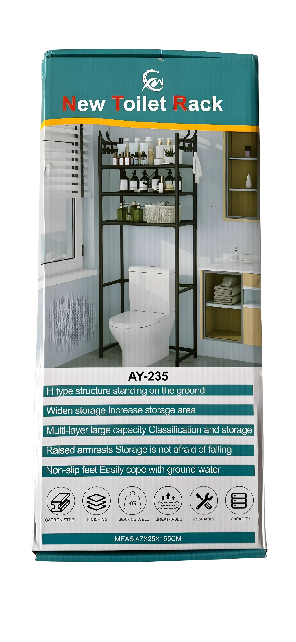 Estante organizador para baño con estructura en H y múltiples niveles de almacenamiento para lavadora.