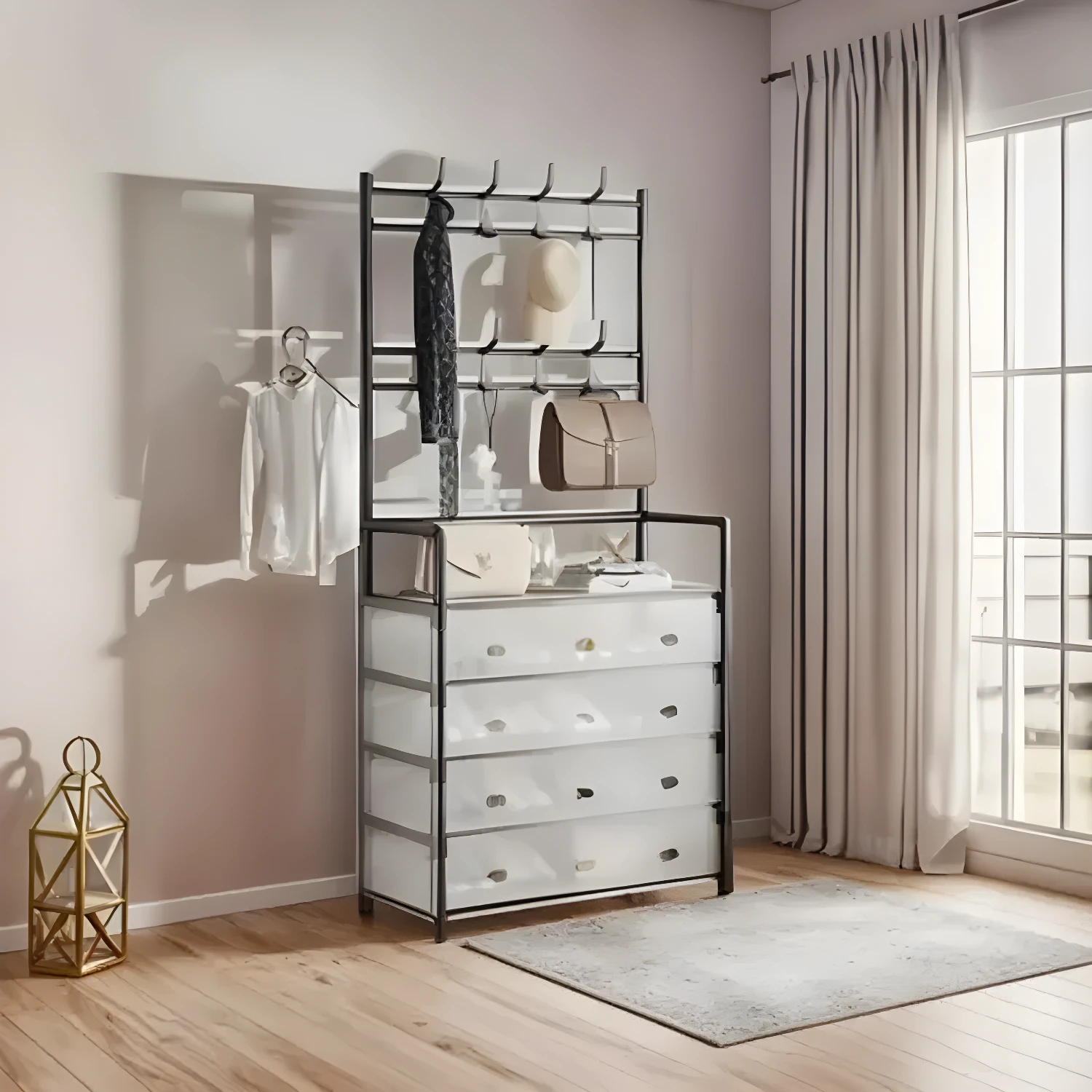 Estante organizador de zapatos con cajones y ganchos para ropa, ideal para entradas.