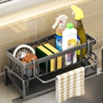 Estante organizador para lavaplatos con escurridor, jabones y esponjas.
