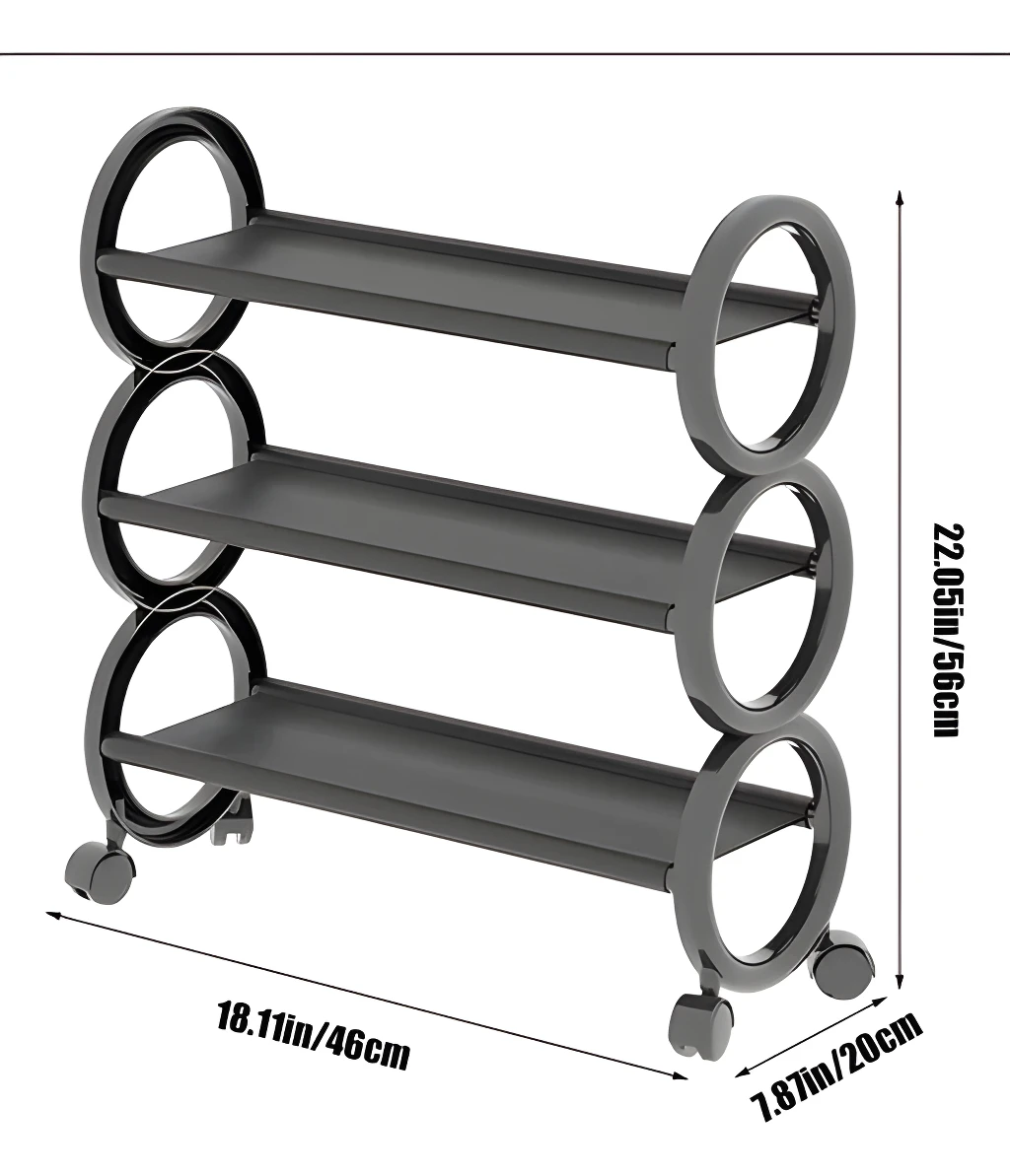 Estante para zapatos de 3 niveles con ruedas, organizador de almacenamiento negro, medidas 46x20x56cm.