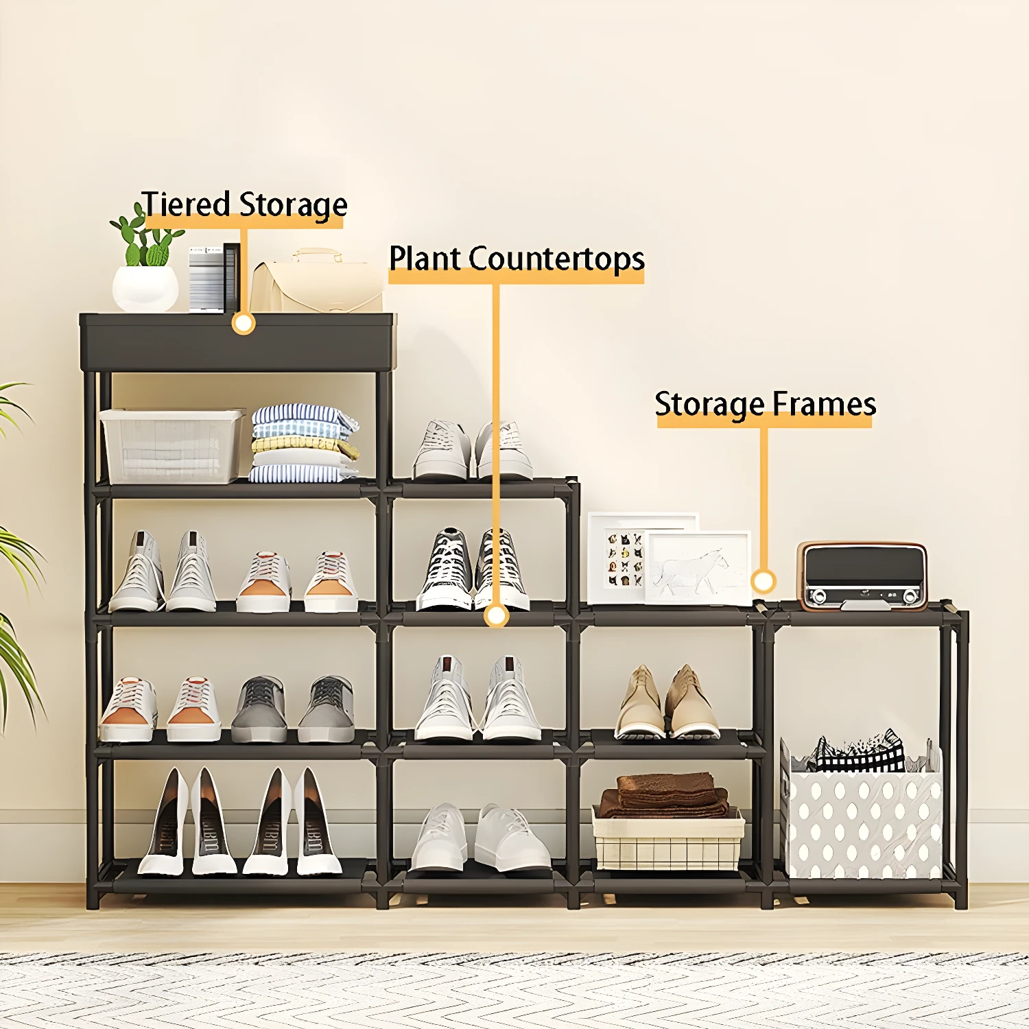 Zapatero multiusos con 6 niveles, ideal para organizar zapatos, accesorios y plantas.