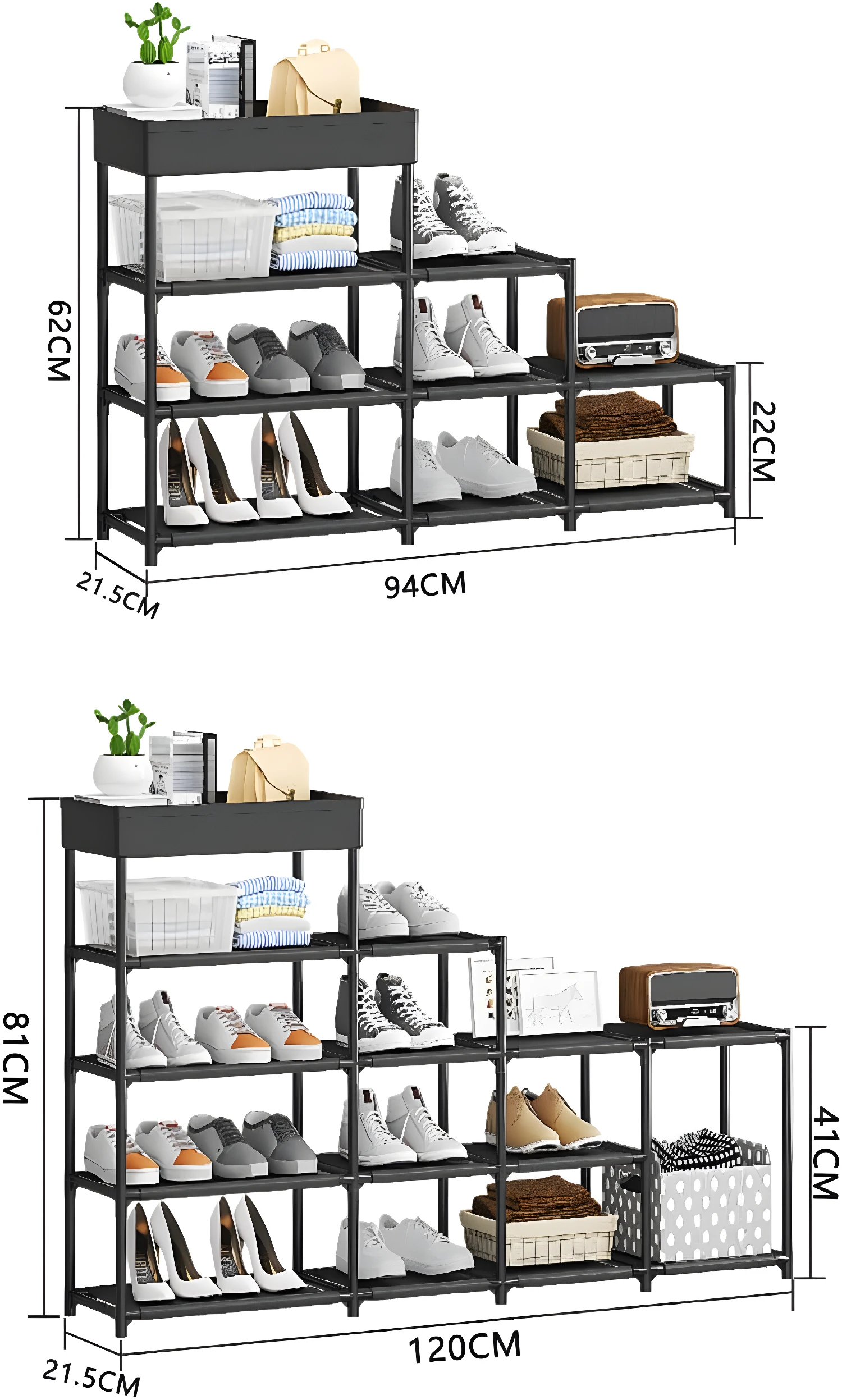 Zapatero multiusos escalonado de 4 niveles, ideal para organizar zapatos y accesorios en espacios reducidos.