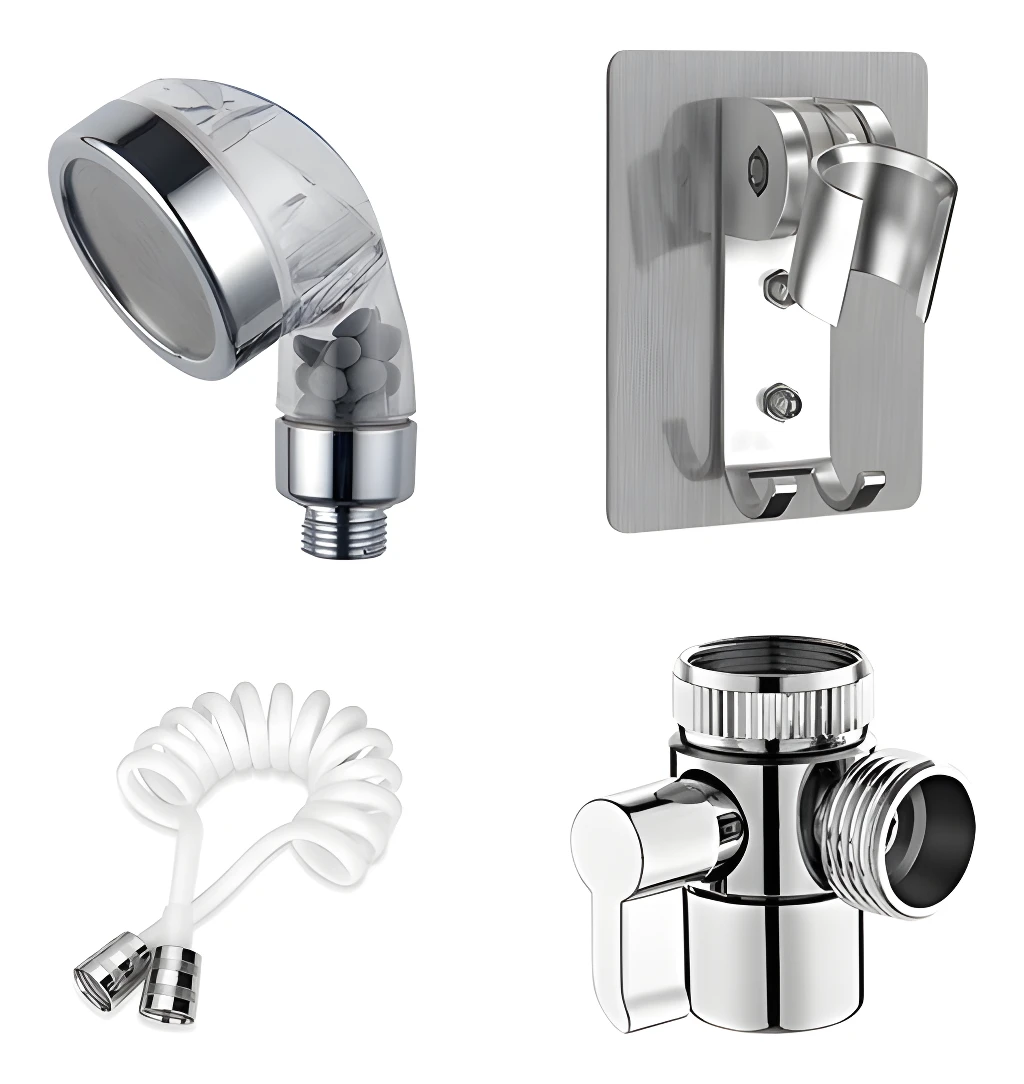 Extensor de grifo cromado con cabezal, soporte, manguera y divisor.