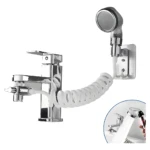 Extensor de grifo cromado con ducha móvil y manguera espiral adaptable a lavabo.
