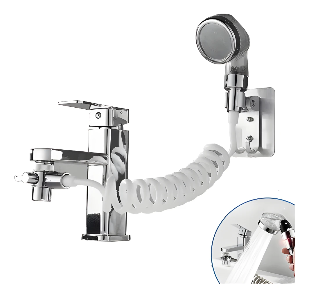 Extensor de grifo cromado con ducha móvil y manguera espiral adaptable a lavabo.