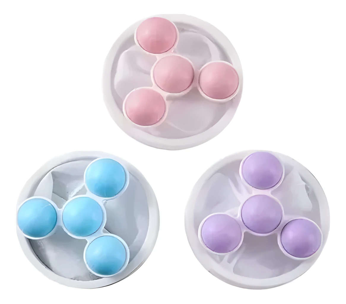 Filtros para lavadora X3 en colores rosa, azul y lila, con diseño de tres hélices y cinco esferas.