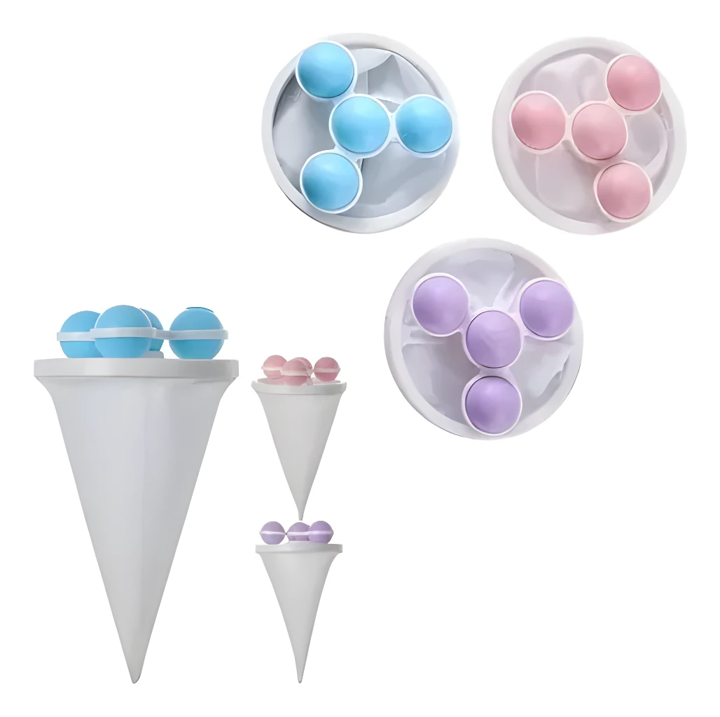 Filtros para lavadora X3 con pelotas anti-enredos: azules, rosas y púrpuras.