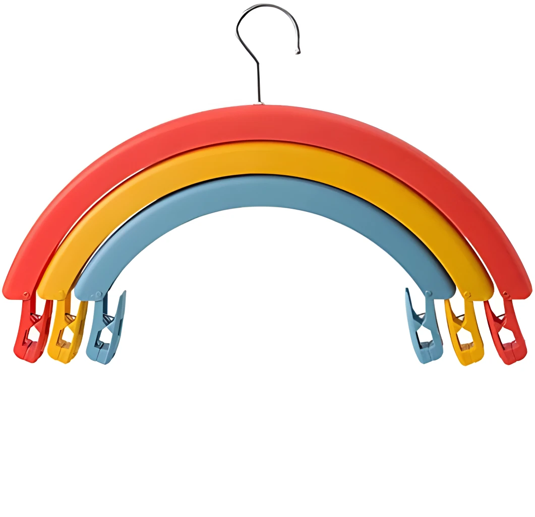 Gancho para ropa en forma de arcoíris, con clips, tres niveles de colores: rojo, amarillo y azul.