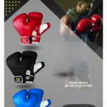 Guantes de boxeo Corriente: rojos, negros y azules, con doble ajuste de velcro y cordón.