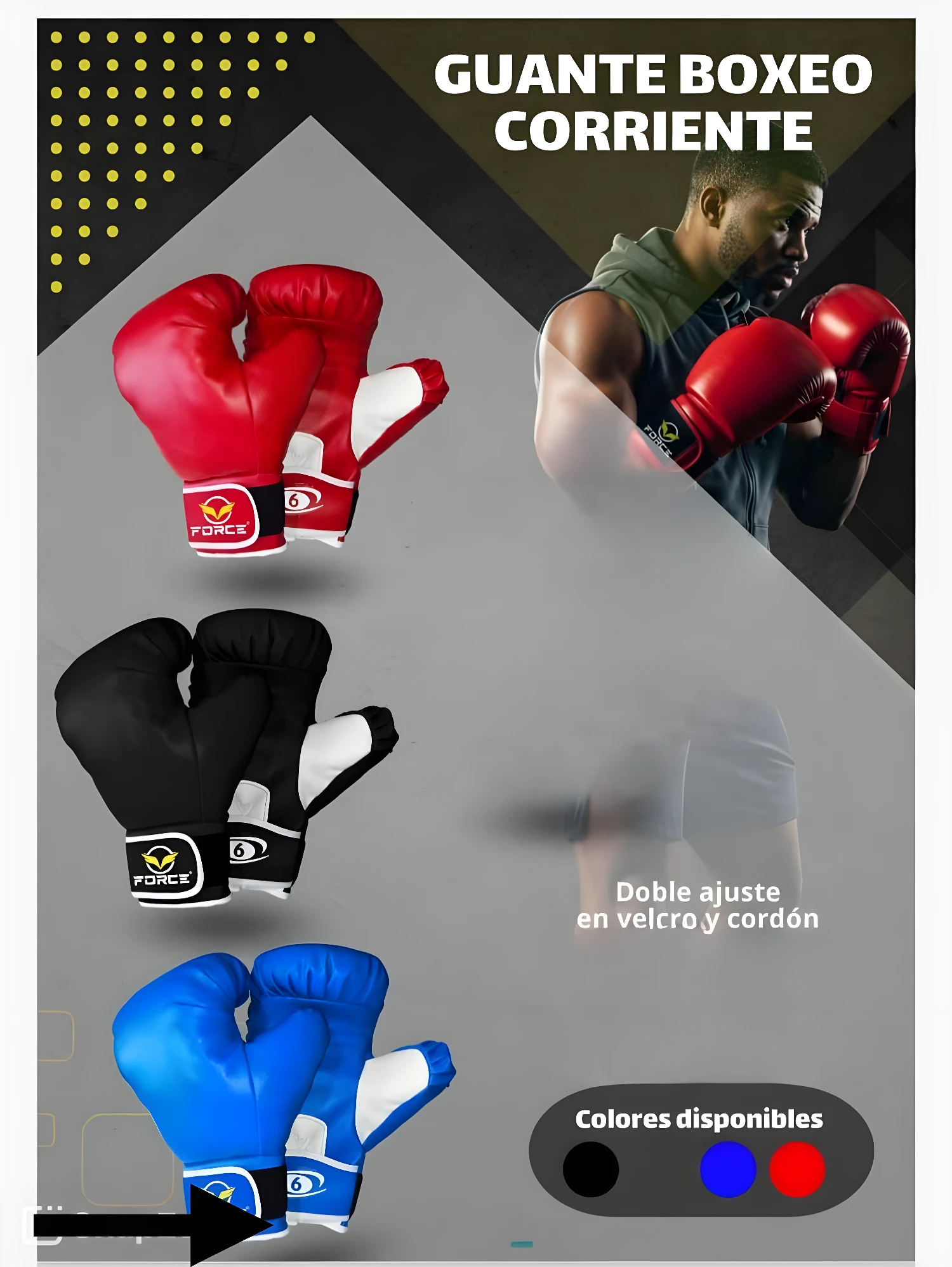 Guantes de boxeo Corriente: rojos, negros y azules, con doble ajuste de velcro y cordón.