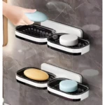 Jabonera doble nivel con drenaje, ideal para baño.