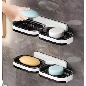Jabonera doble nivel con drenaje, ideal para baño.