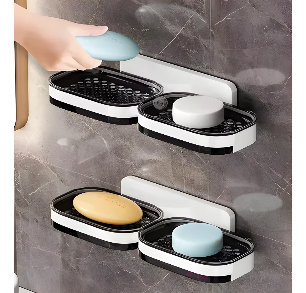 Jabonera doble nivel con drenaje, ideal para baño.