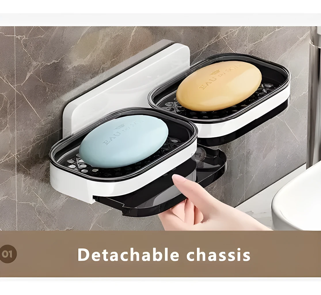 Jabonera doble con repisa de drenaje desmontable, ideal para baño y ducha.