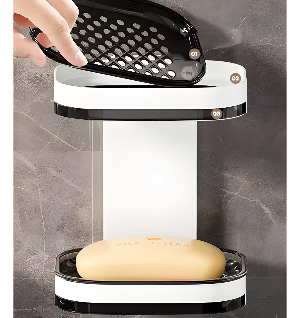 Jabonera doble nivel con repisa y drenaje, ideal para baño moderno.