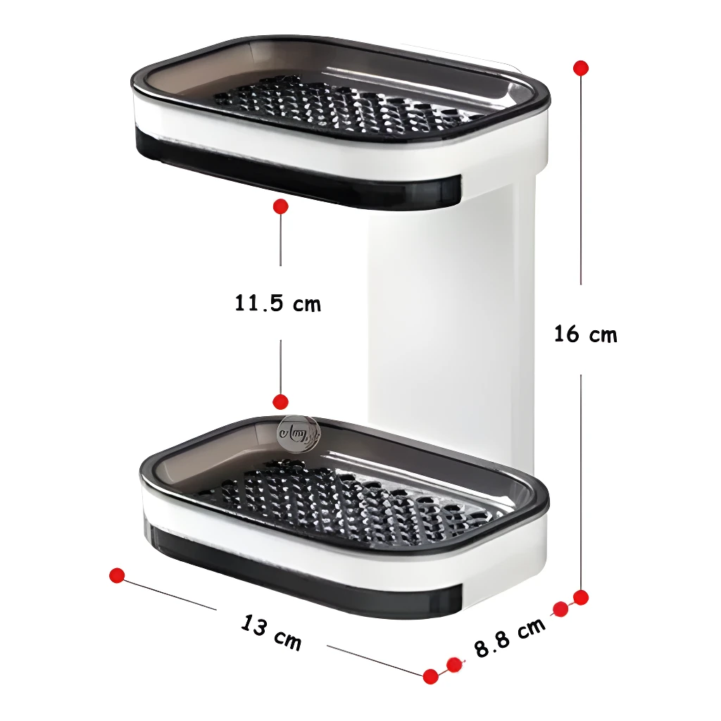 Jabonera de doble nivel con drenaje, repisa y medidas de 16x13x8.8 cm.