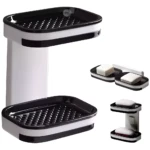 Jabonera doble nivel con drenaje, repisa blanca y negra para baño, diseño moderno.