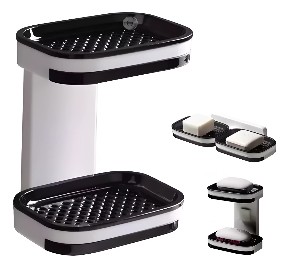 Jabonera doble nivel con drenaje, repisa blanca y negra para baño, diseño moderno.