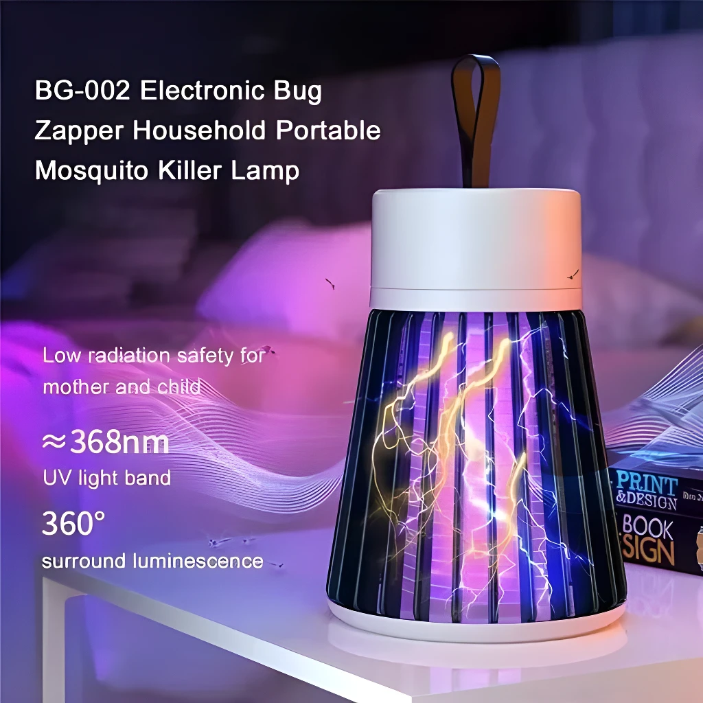 Lámpara mata zancudos BG-002 con luz UV 368nm, portátil y segura para el hogar.