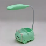 Lámpara de escritorio flexible en forma de carro, color verde menta con detalles de reno.