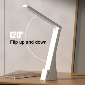 Lámpara LED de escritorio recargable, 120° de giro, ideal para trabajos y estudio.