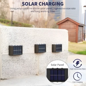 Lámpara solar aplique 6 LED en pared texturizada con panel de carga rápida.