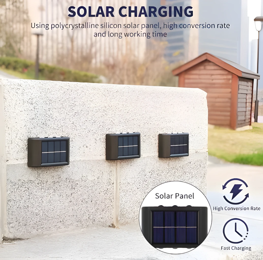 Lámpara solar aplique 6 LED en pared texturizada con panel de carga rápida.