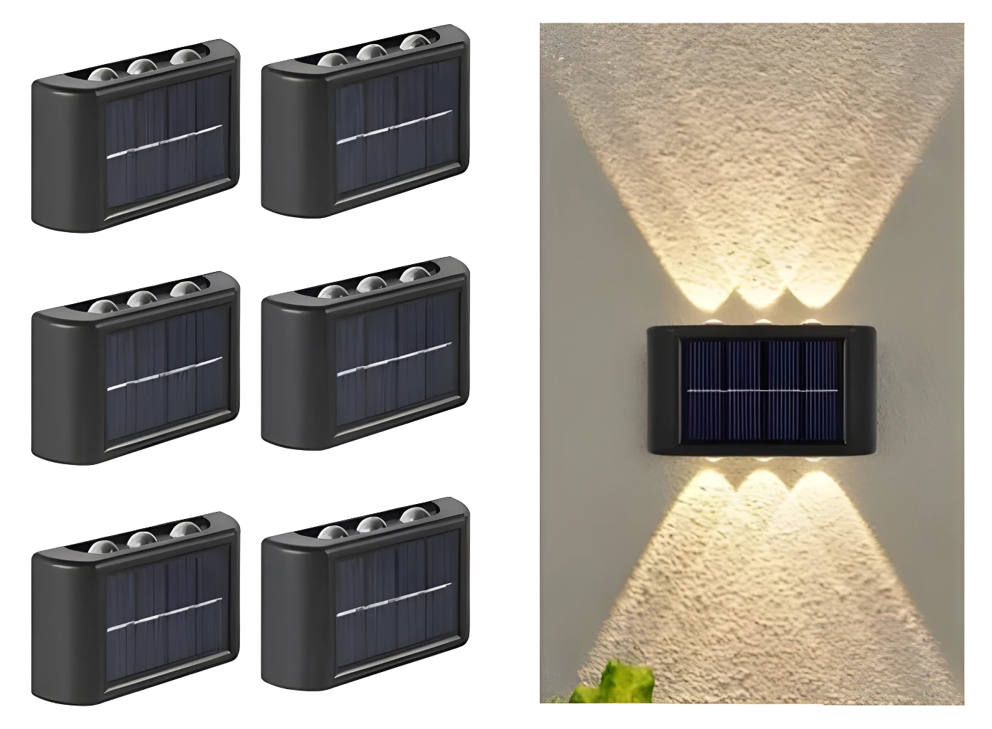 Lámparas solares de aplique con 6 LEDs para exterior, emiten luz hacia arriba y abajo.