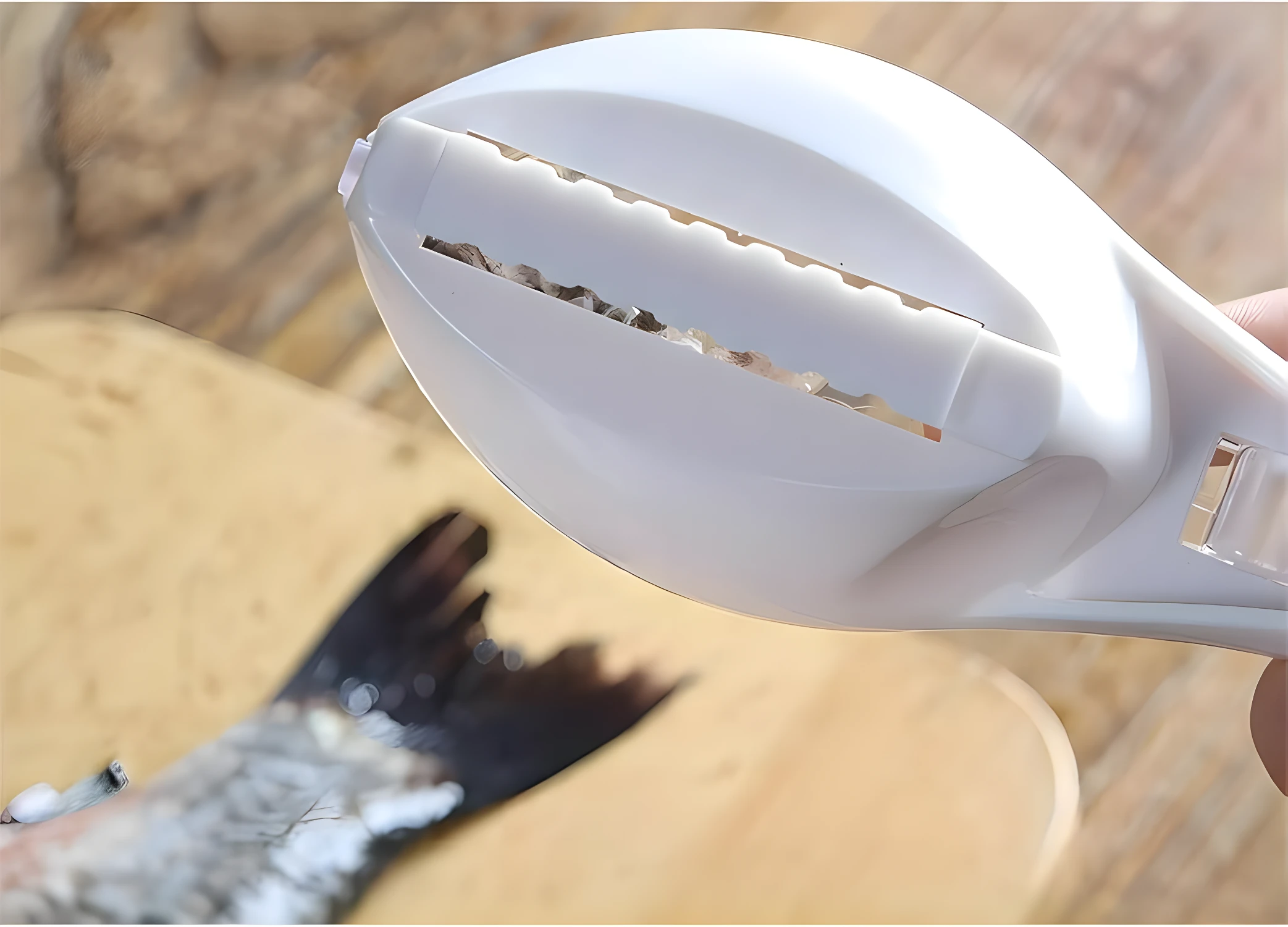 Set x2 limpiador de escamas de pescado blanco en acción sobre un pez en tabla de madera.