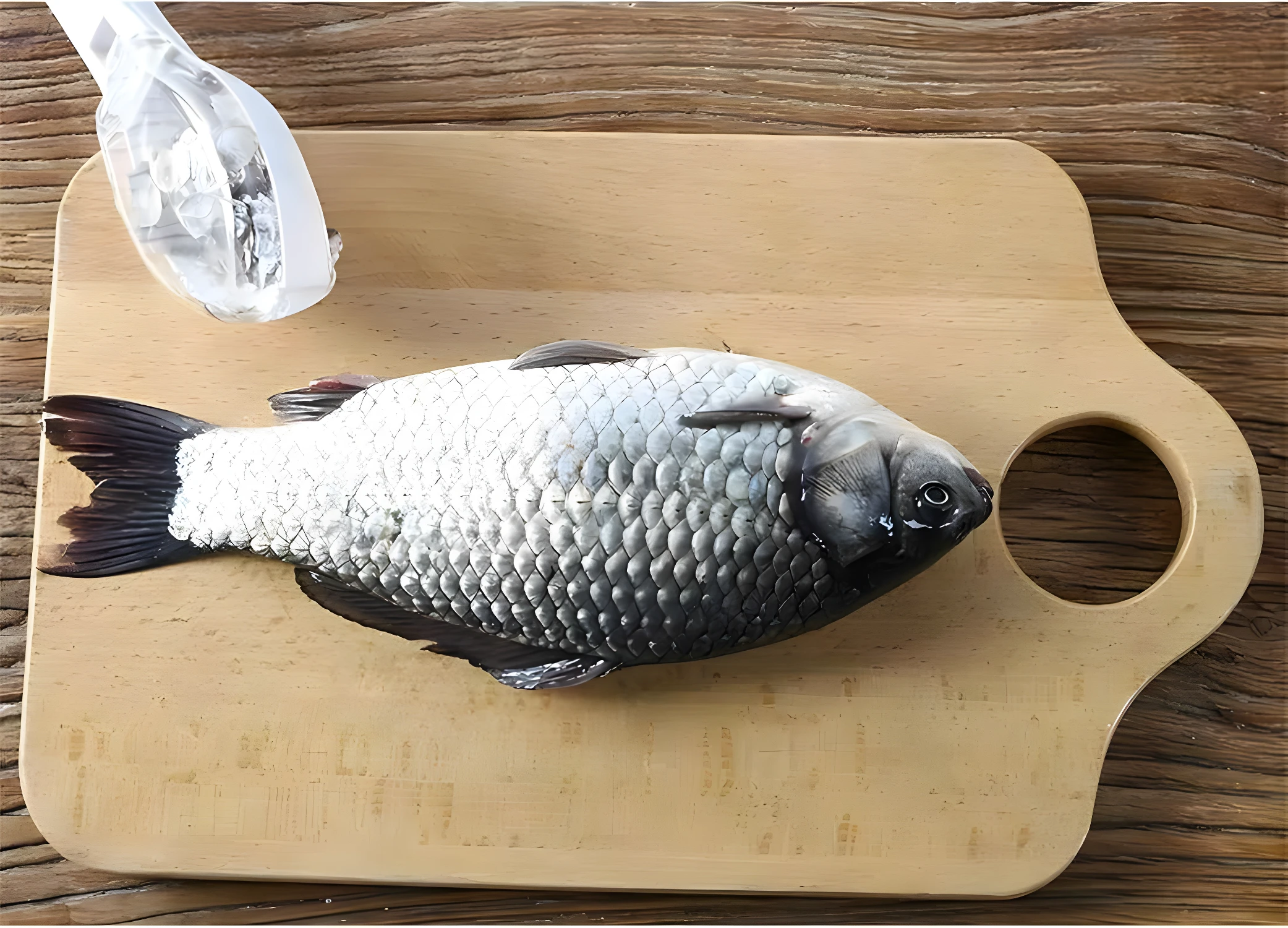Set x2 limpiador de escamas de pescado sobre tabla de madera, con escamas plateadas y aletas oscuras.