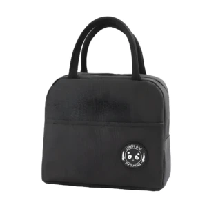 Lonchera térmica negra con diseño de oso panda y texto "LUNCH BAG BRIVILAS".