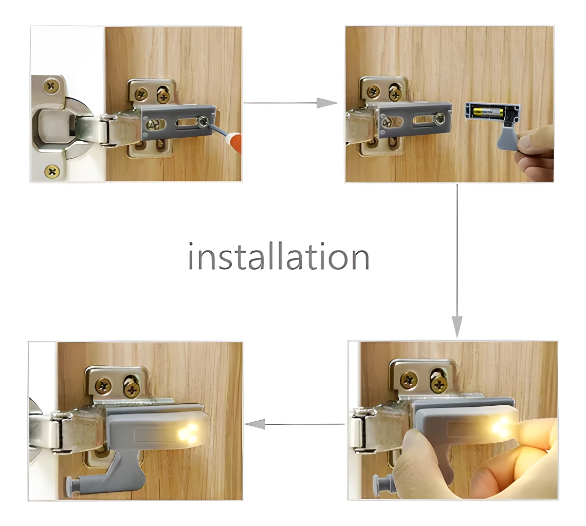 Luz LED para bisagra de closet, fácil instalación y activación automática al abrir.